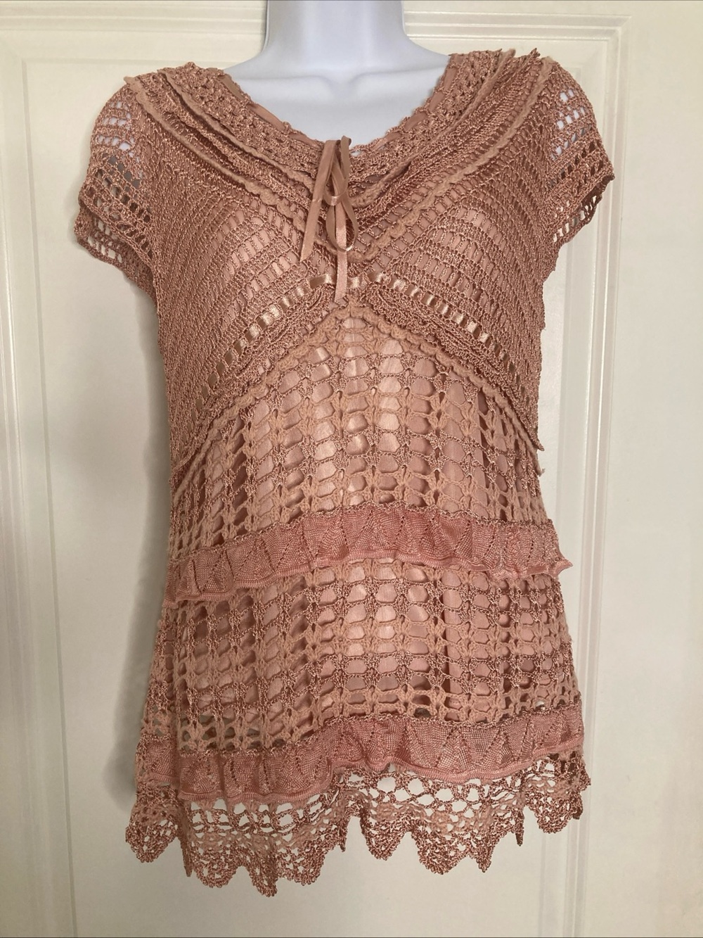 Pink Crochet Boho Coquette Ribbon Detail Top Sz L Feminine Romantic Fairy